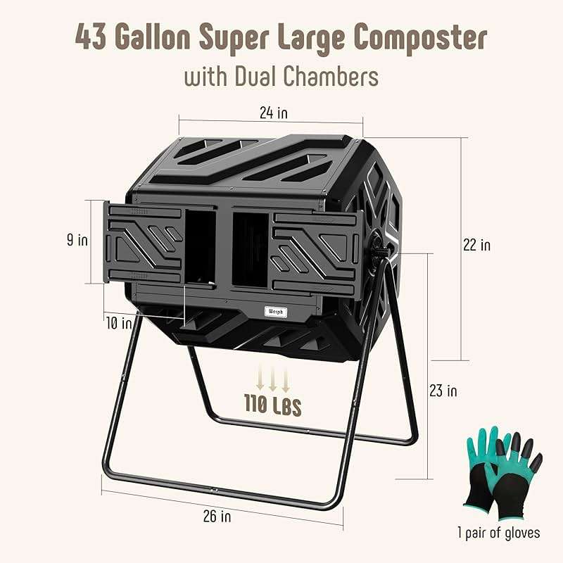 Werph 43 Gallon Compost Bin with Gloves, Fast Assembly & Easy Setup Outdoor Compost Tumbler, Updated Dual Chamber Tumbling Composter for Garden, Kitchen, and Yard Waste, Black - Image 3