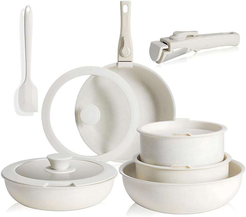 Simple Deluxe 12Pcs Pots and Pans Set, Nonstick Cookware Sets, White Granite Induction Cookware with Detachable Handle, Oven Safe, PFAS and PFOA Free, Beige - Image 1