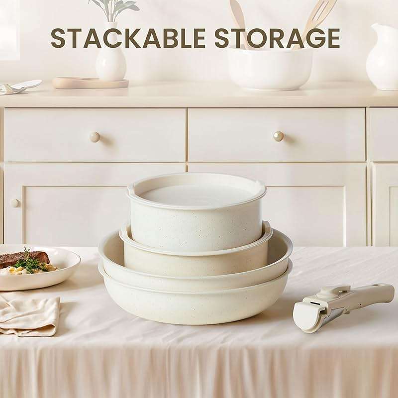 Simple Deluxe 12Pcs Pots and Pans Set, Nonstick Cookware Sets, White Granite Induction Cookware with Detachable Handle, Oven Safe, PFAS and PFOA Free, Beige - Image 2