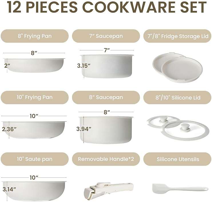 Simple Deluxe 12Pcs Pots and Pans Set, Nonstick Cookware Sets, White Granite Induction Cookware with Detachable Handle, Oven Safe, PFAS and PFOA Free, Beige - Image 3