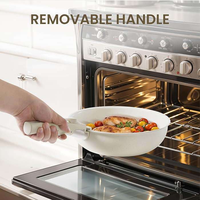 Simple Deluxe 12Pcs Pots and Pans Set, Nonstick Cookware Sets, White Granite Induction Cookware with Detachable Handle, Oven Safe, PFAS and PFOA Free, Beige - Image 5