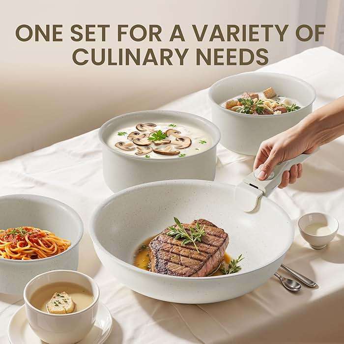 Simple Deluxe 12Pcs Pots and Pans Set, Nonstick Cookware Sets, White Granite Induction Cookware with Detachable Handle, Oven Safe, PFAS and PFOA Free, Beige - Image 6