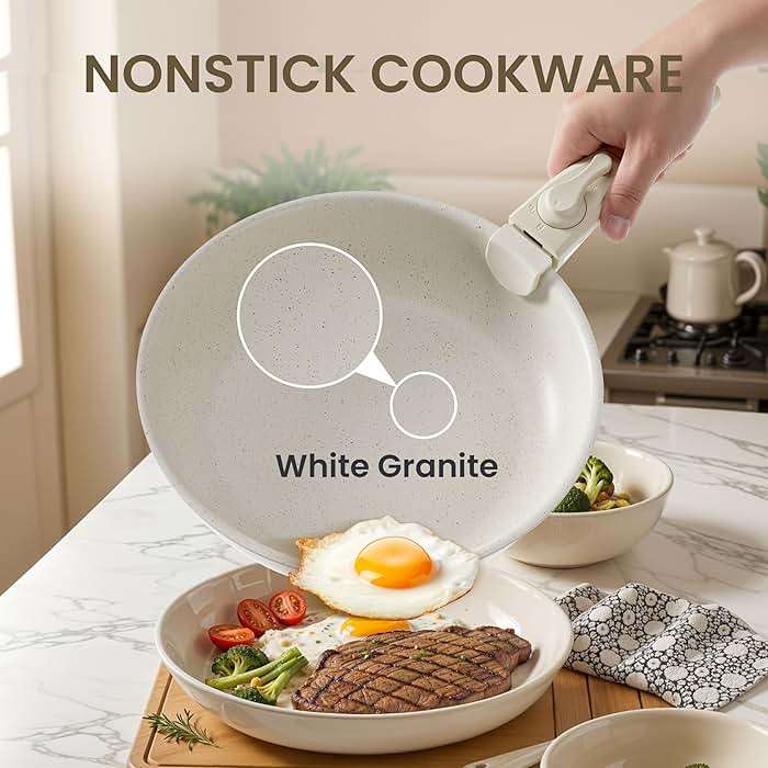 Simple Deluxe 12Pcs Pots and Pans Set, Nonstick Cookware Sets, White Granite Induction Cookware with Detachable Handle, Oven Safe, PFAS and PFOA Free, Beige - Image 7