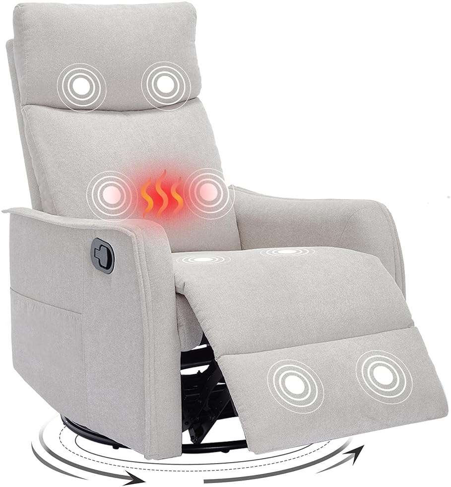 Trustyue Swivel Rocker Recliner Chair, 360° Swivel Recliner with Heat and Massage, Rocker Recliner Nursery Glider Chair with Side Pockets for Living Room (Beige, Fabric) - Image 1