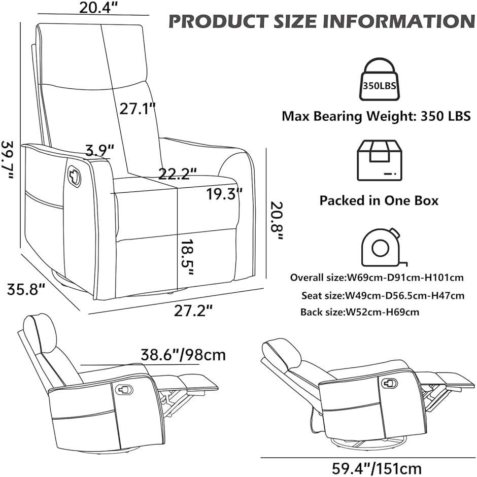 Trustyue Swivel Rocker Recliner Chair, 360° Swivel Recliner with Heat and Massage, Rocker Recliner Nursery Glider Chair with Side Pockets for Living Room (Beige, Fabric) - Image 3