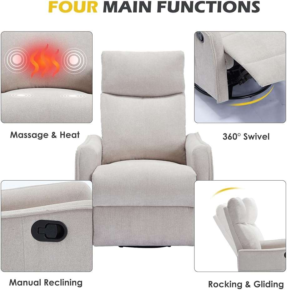 Trustyue Swivel Rocker Recliner Chair, 360° Swivel Recliner with Heat and Massage, Rocker Recliner Nursery Glider Chair with Side Pockets for Living Room (Beige, Fabric) - Image 4