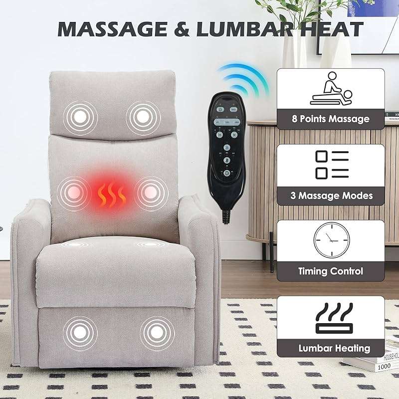 Trustyue Swivel Rocker Recliner Chair, 360° Swivel Recliner with Heat and Massage, Rocker Recliner Nursery Glider Chair with Side Pockets for Living Room (Beige, Fabric) - Image 5