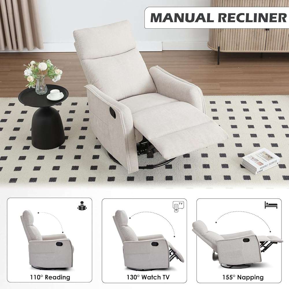 Trustyue Swivel Rocker Recliner Chair, 360° Swivel Recliner with Heat and Massage, Rocker Recliner Nursery Glider Chair with Side Pockets for Living Room (Beige, Fabric) - Image 7