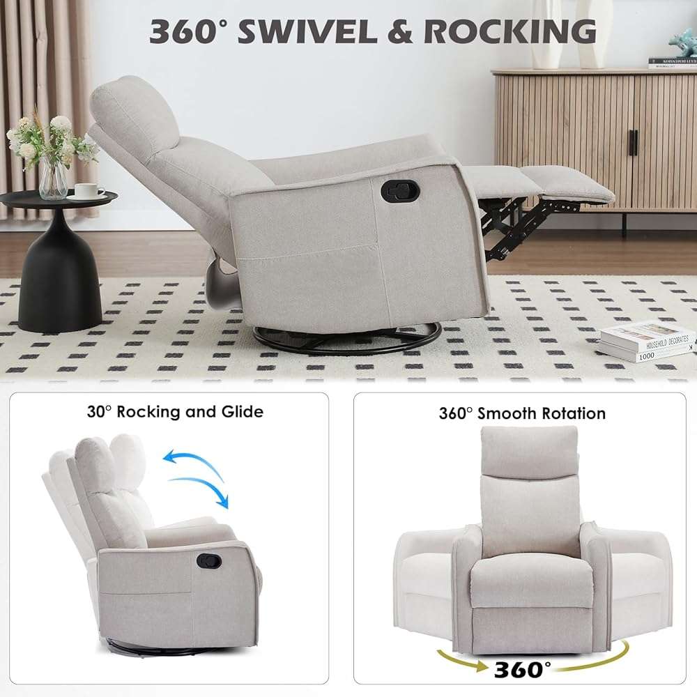 Trustyue Swivel Rocker Recliner Chair, 360° Swivel Recliner with Heat and Massage, Rocker Recliner Nursery Glider Chair with Side Pockets for Living Room (Beige, Fabric) - Image 9