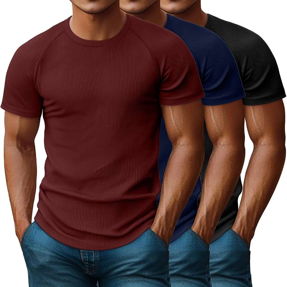 Riyiper 3 Pack Men's Muscle T Shirt Casual Short Sleeve Tops Ribbed Crewneck Slim Fit Workout Gym Curve Hem Basic Tee Shirts - Image 1