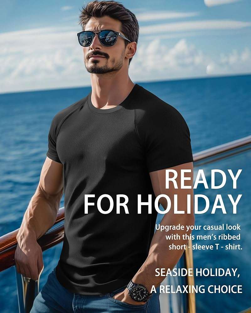 Riyiper 3 Pack Men's Muscle T Shirt Casual Short Sleeve Tops Ribbed Crewneck Slim Fit Workout Gym Curve Hem Basic Tee Shirts - Image 2
