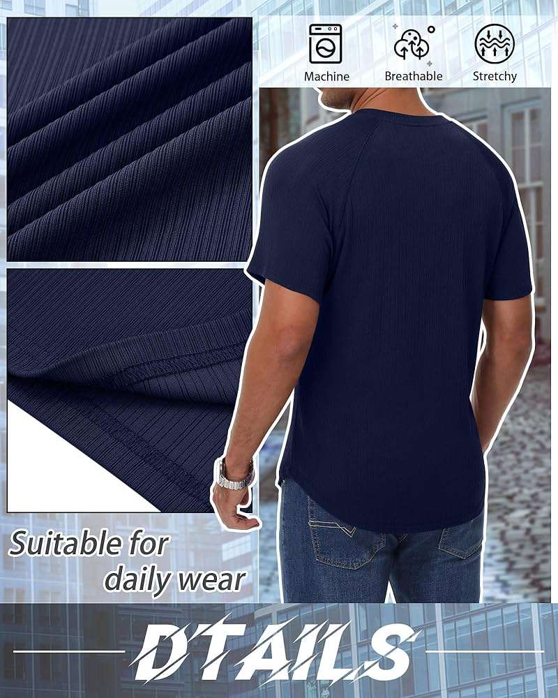 Riyiper 3 Pack Men's Muscle T Shirt Casual Short Sleeve Tops Ribbed Crewneck Slim Fit Workout Gym Curve Hem Basic Tee Shirts - Image 6