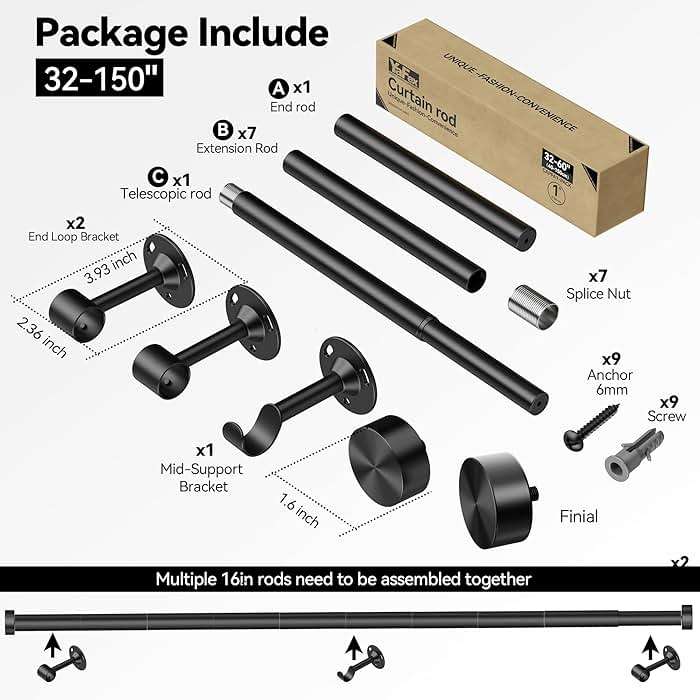YaFex Heavy Duty Curtain Rods 32-150 Inch, 1 Inch Adjustable Black Curtain Rod for Windows, Extra Long Window Treatment Rods with Aluminium Finials, Easy Installation - Image 2