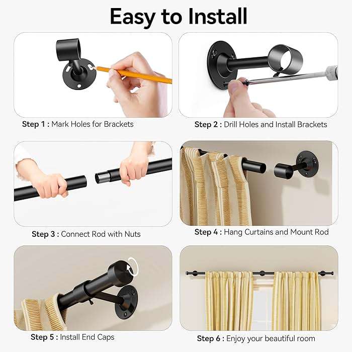 YaFex Heavy Duty Curtain Rods 32-150 Inch, 1 Inch Adjustable Black Curtain Rod for Windows, Extra Long Window Treatment Rods with Aluminium Finials, Easy Installation - Image 8