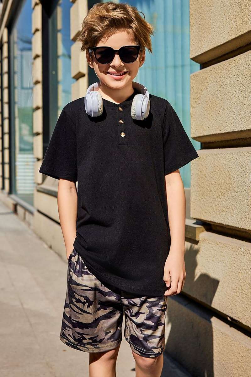 Arshiner Boy's Henley T-Shirt and Shorts Set 2 Pieces Summer Clothing Outfits 10-11 Years Green & Camo - Image 2