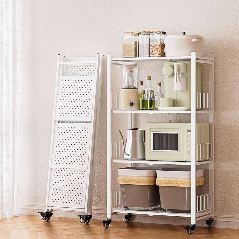 KWRRI Folding Storage Shelves No Assembly, 4 Tier Foldable Storage Shelves with Wheels, Rolling Collapsible Rack for Pantry Laundry Room Kitchen, White - Image 1