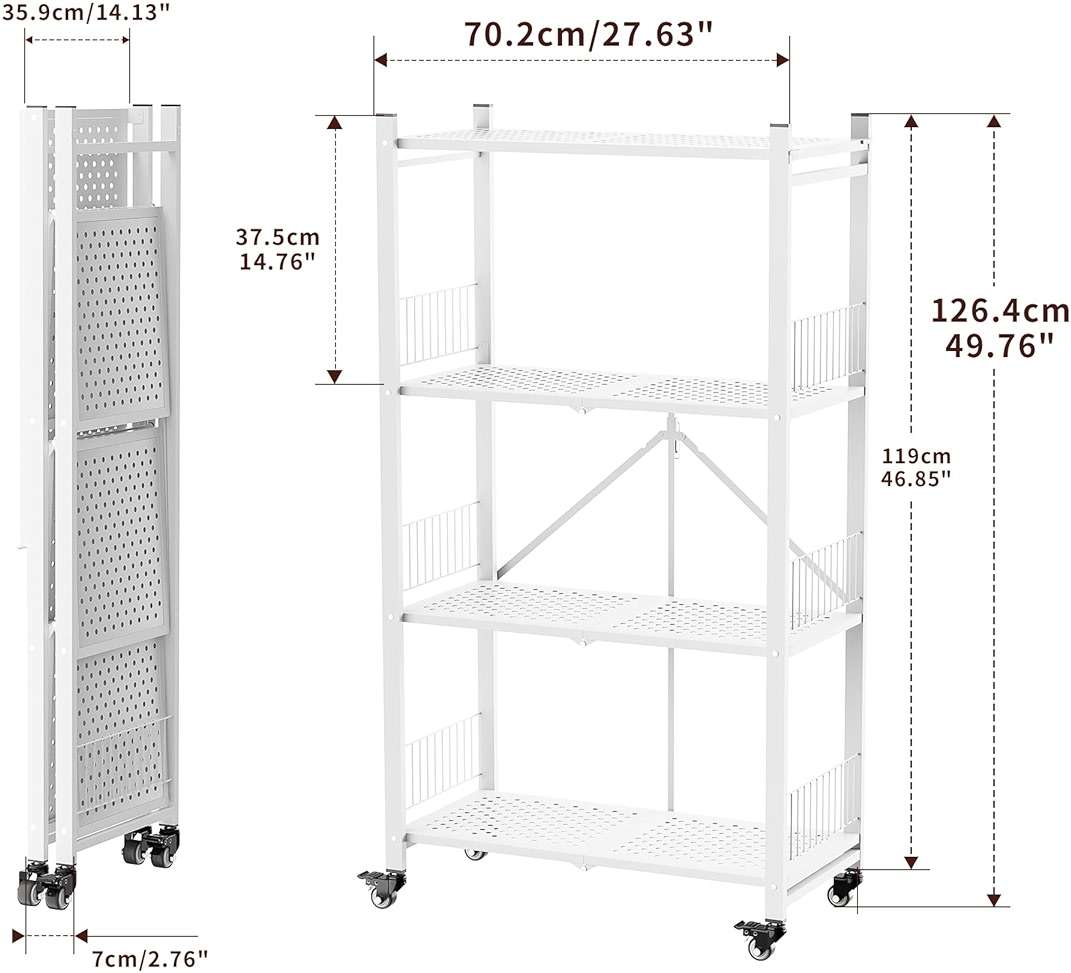 KWRRI Folding Storage Shelves No Assembly, 4 Tier Foldable Storage Shelves with Wheels, Rolling Collapsible Rack for Pantry Laundry Room Kitchen, White - Image 2