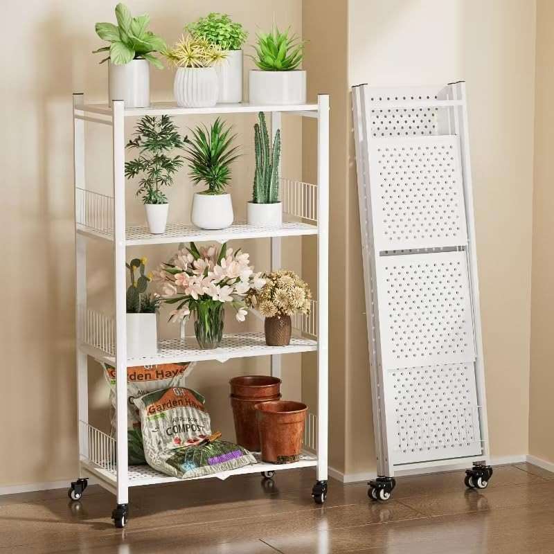 KWRRI Folding Storage Shelves No Assembly, 4 Tier Foldable Storage Shelves with Wheels, Rolling Collapsible Rack for Pantry Laundry Room Kitchen, White - Image 3