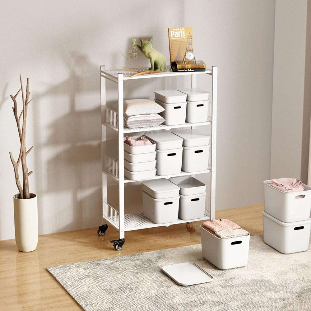 KWRRI Folding Storage Shelves No Assembly, 4 Tier Foldable Storage Shelves with Wheels, Rolling Collapsible Rack for Pantry Laundry Room Kitchen, White - Image 6