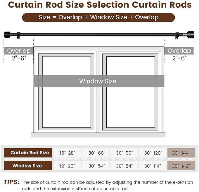 Hradecti 1' Diameter Curtain Rods, 30-144 Inch, Black, Iron, Matte Black Painted, Fit 30-142 Inch Windows, Heavy Duty, Adjustable, Window Treatment Single Rods - Image 4