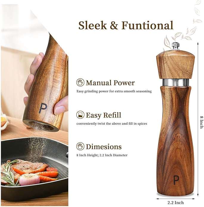 2 Pack Acacia Wood Salt and Pepper Grinder Set, Wooden Salt and Pepper Mill Set Salt and Pepper Shaker Tableware Birthday Gifts Ceramic Core-8 Inch - Image 3