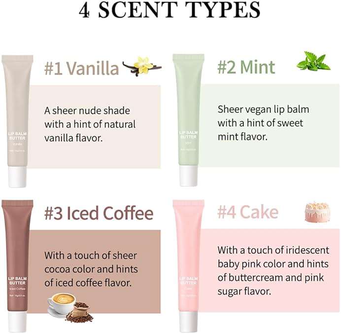 FYEBOO 4 Flavors Lip Glossy Butter Balm Lip Tint Hydrating Lip Gloss, Soothes & Softens Dry Lips High Shine Nude Color Nourishing Lip Care Finish (4 Color, 0.5 Oz) - Image 4