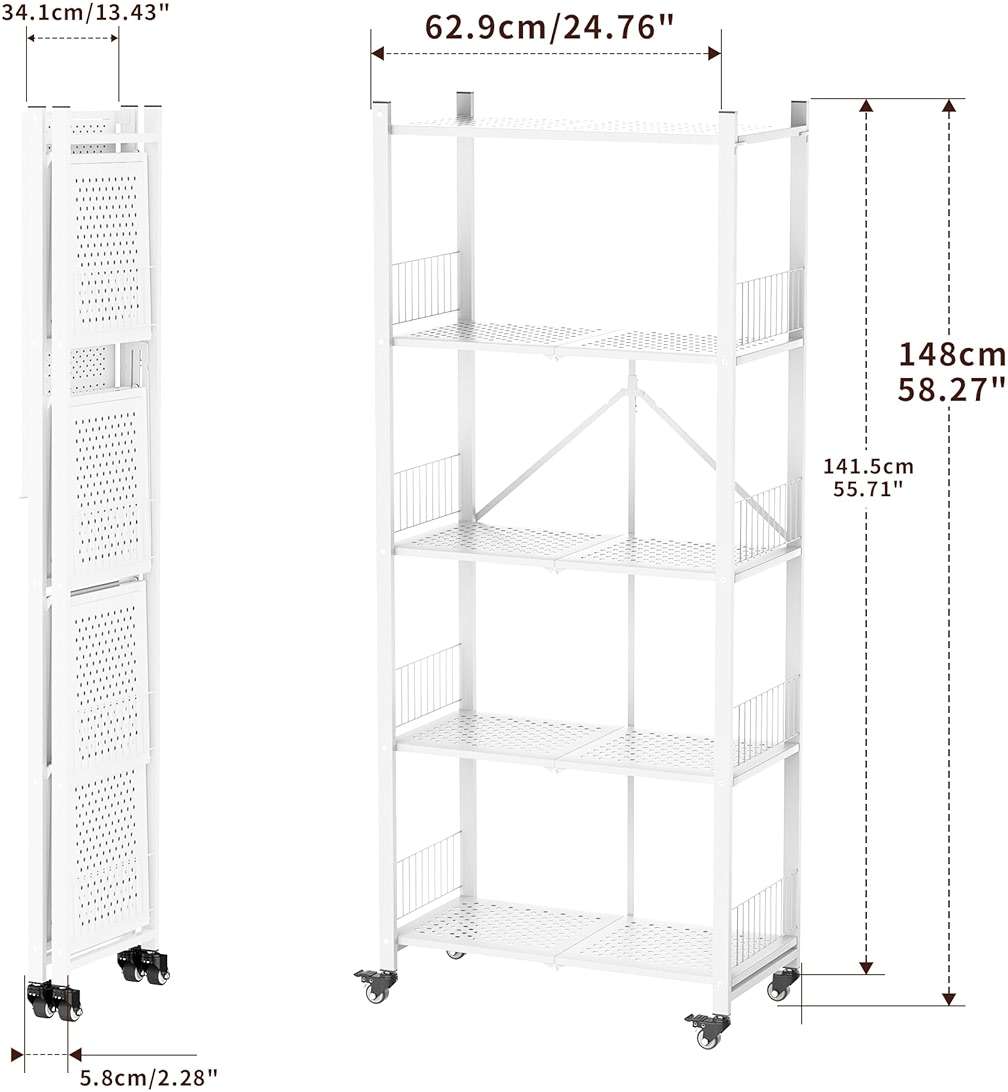 KWRRI Folding Shelves No Assembly, 5 Tier Foldable Storage Shelves with Wheels, 220LBS Per Shelf Metal Collapsible Rack for Pantry Storage & Home Organization, White - Image 2