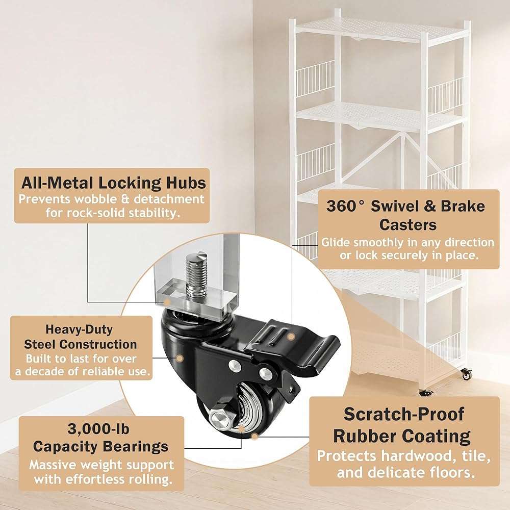KWRRI Folding Shelves No Assembly, 5 Tier Foldable Storage Shelves with Wheels, 220LBS Per Shelf Metal Collapsible Rack for Pantry Storage & Home Organization, White - Image 3