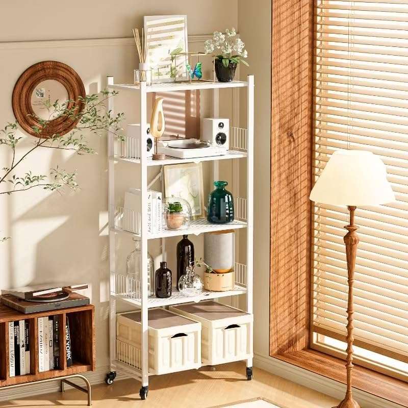 KWRRI Folding Shelves No Assembly, 5 Tier Foldable Storage Shelves with Wheels, 220LBS Per Shelf Metal Collapsible Rack for Pantry Storage & Home Organization, White - Image 5