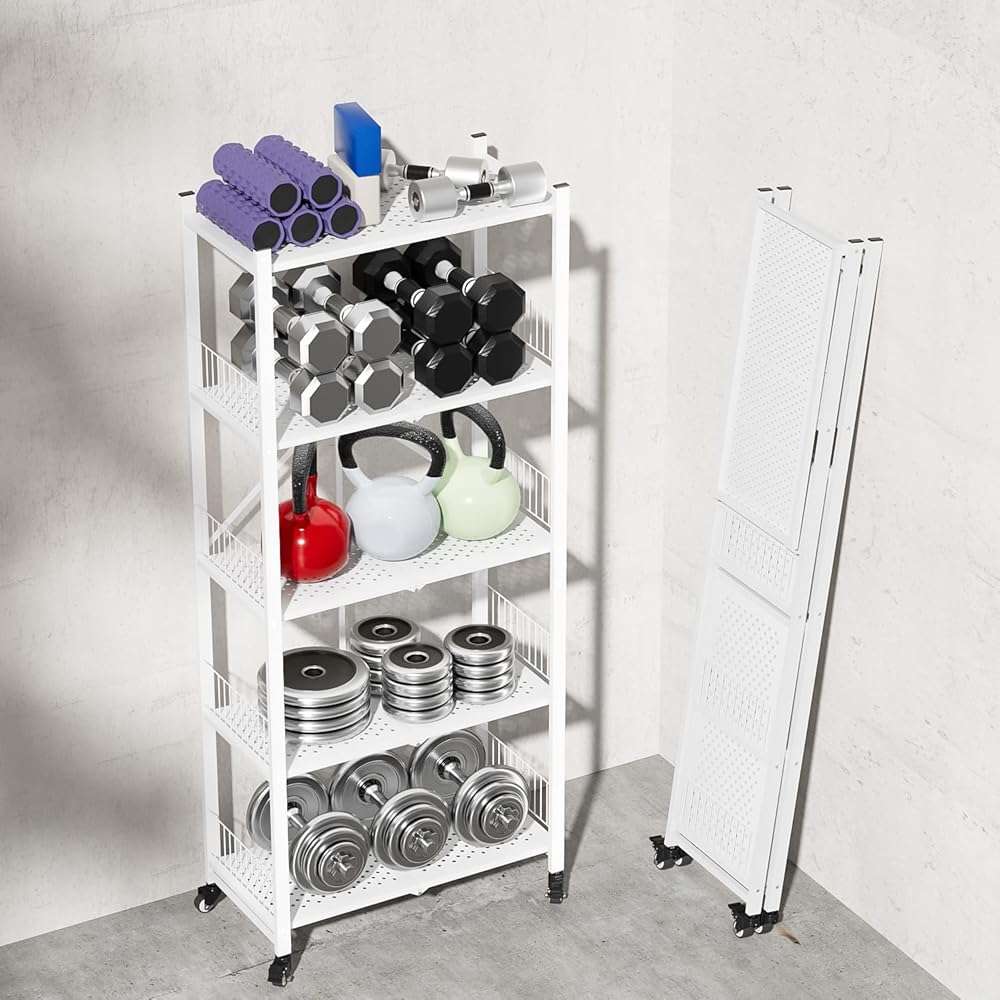 KWRRI Folding Shelves No Assembly, 5 Tier Foldable Storage Shelves with Wheels, 220LBS Per Shelf Metal Collapsible Rack for Pantry Storage & Home Organization, White - Image 6