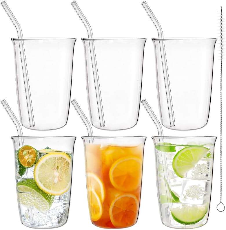 Nagpew Drinking Glasses with Straws, 6 Piece, 16 Oz, Lead-free | Clear Water Glass Set, Highball Glass Cup Kitchen Glassware for Juice, Beverage, Cocktail, Ice Tea, Coffee, Soda - Image 1