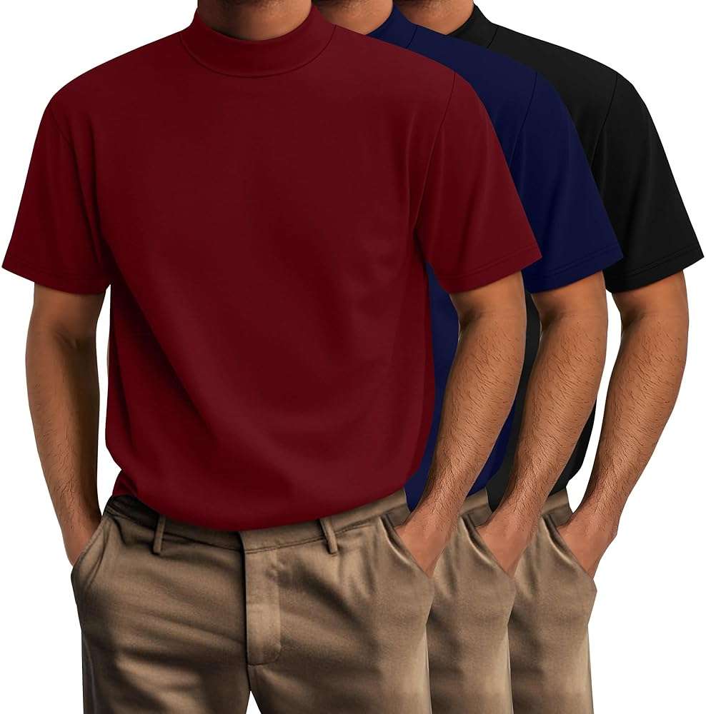 Riyiper 3 Pack Big and Tall Men's Mock Turtleneck Shirt Short Sleeve Cotton Basic Tops Slim Fit Casual Undershirt Tops - Image 1