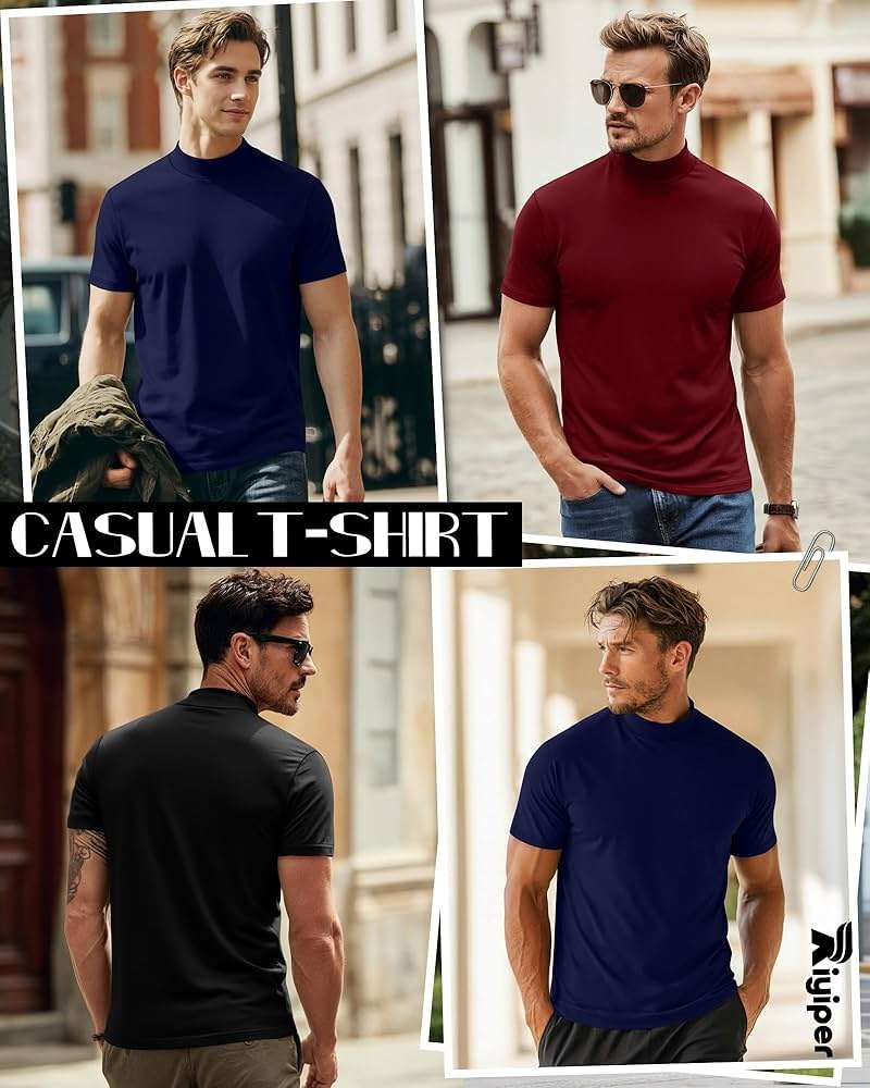 Riyiper 3 Pack Big and Tall Men's Mock Turtleneck Shirt Short Sleeve Cotton Basic Tops Slim Fit Casual Undershirt Tops - Image 2