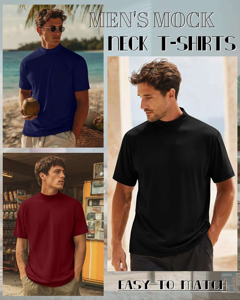 Riyiper 3 Pack Big and Tall Men's Mock Turtleneck Shirt Short Sleeve Cotton Basic Tops Slim Fit Casual Undershirt Tops - Image 3