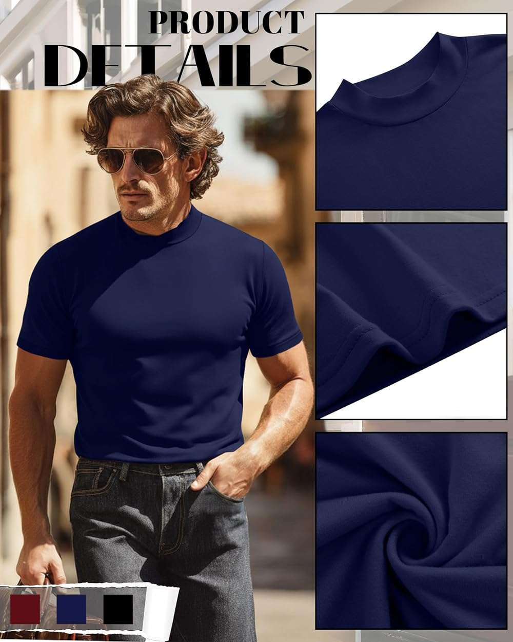 Riyiper 3 Pack Big and Tall Men's Mock Turtleneck Shirt Short Sleeve Cotton Basic Tops Slim Fit Casual Undershirt Tops - Image 4