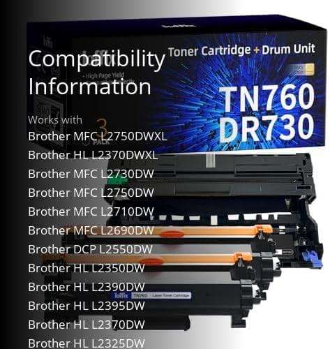 TN760 Toner Cartridge and DR730 Drum Unit Replacement for Brother TN-760 TN730 DR730 DR-730 Compatible with DCP-L2550DW HL-L2350DW HL-L2390DW HL-L2395DW Printer (2 Toners, 1 Drum Unit, 3 Pack) - Image 3