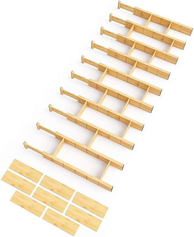 SpaceAid Bamboo Drawer Dividers with Inserts and Labels, Kitchen Adjustable Drawer Organizers, Expandable Organization for Home, Office, Dressers, 10 Dividers with 24 Inserts (17"-22" Natural) - Image 1