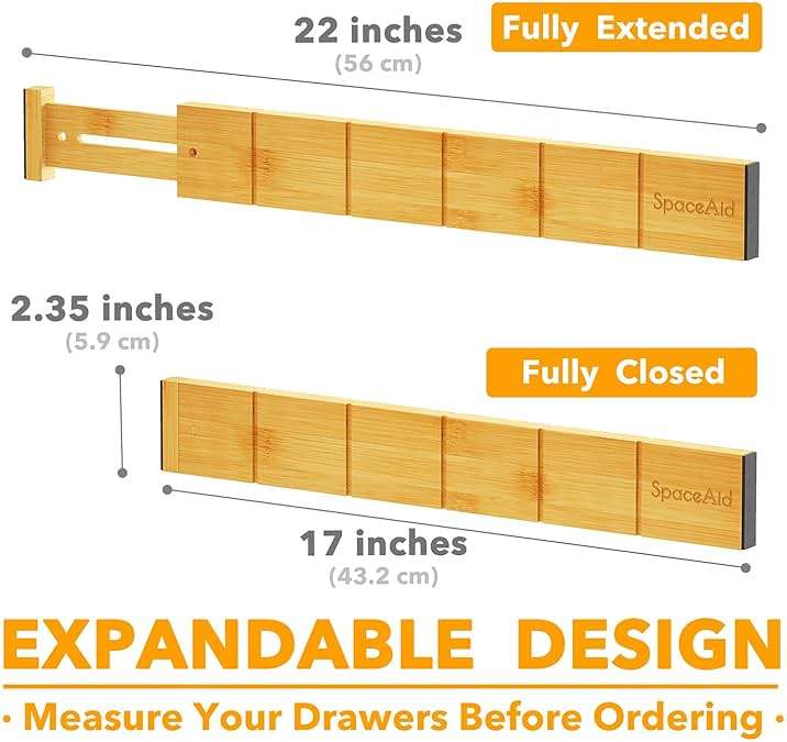 SpaceAid Bamboo Drawer Dividers with Inserts and Labels, Kitchen Adjustable Drawer Organizers, Expandable Organization for Home, Office, Dressers, 10 Dividers with 24 Inserts (17"-22" Natural) - Image 2