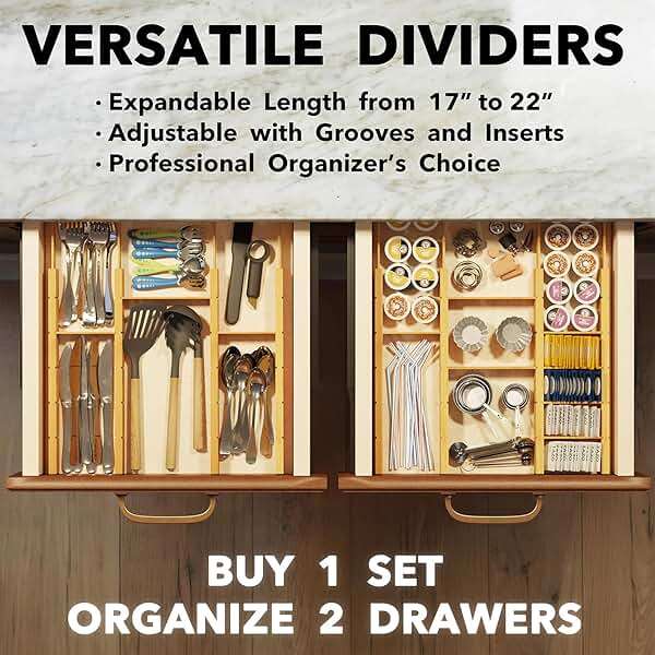 SpaceAid Bamboo Drawer Dividers with Inserts and Labels, Kitchen Adjustable Drawer Organizers, Expandable Organization for Home, Office, Dressers, 10 Dividers with 24 Inserts (17"-22" Natural) - Image 5