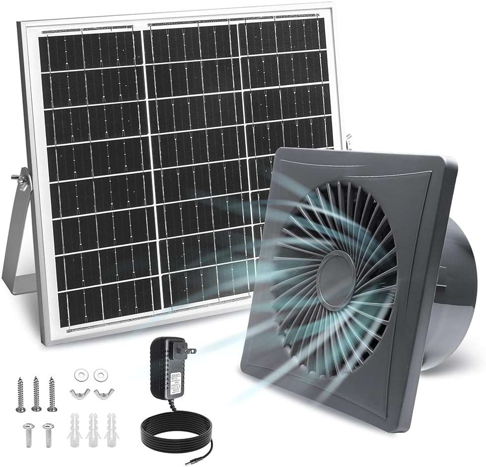 Solar Exhaust Fan, 25W Solar Panel + 8" Ventilation Vent Fan, with Power Adapter, Anti-backflow Valve, High Speed Solar Powered Exhaust Fan with Bracket for Shed, Chicken Coop, Greenhouse, Dog House - Image 1