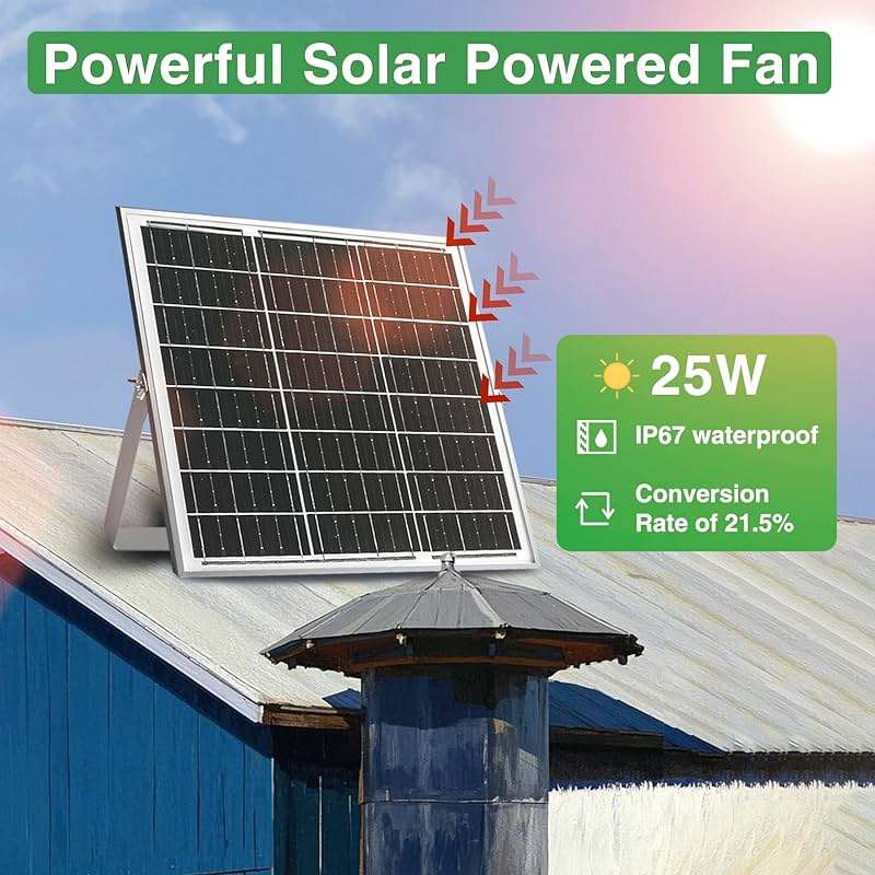 Solar Exhaust Fan, 25W Solar Panel + 8" Ventilation Vent Fan, with Power Adapter, Anti-backflow Valve, High Speed Solar Powered Exhaust Fan with Bracket for Shed, Chicken Coop, Greenhouse, Dog House - Image 3