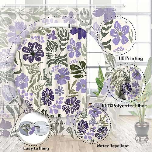 Boho Floral Botanical Shower Curtain, Cute Purple Abstract Mid Century Morden Flowers Leaves Plant Bathroom Curtain, Spring Summer Retro Funky Aesthetic Bathroom Decor Shower Cutain Sets, 70X70IN - Image 3