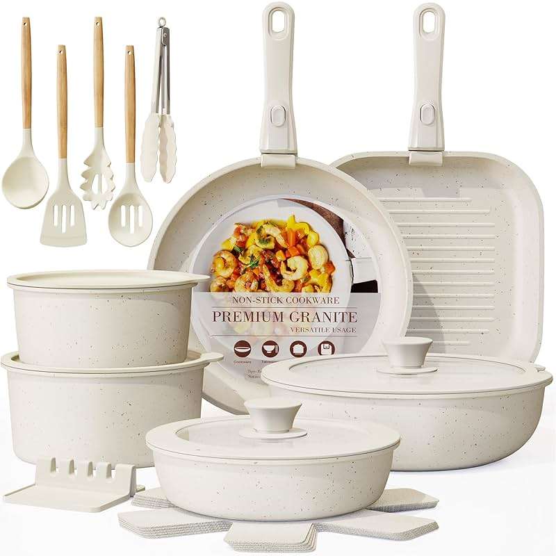 Astercook 23 Pcs Pots and Pans Set Non Stick, Ceramic Cookware Set Detachable Handle, RV Kitchen Cooking Set Removable Handles, Oven Safe, Induction Ready, Stackable, Cream, Fathers Day Gift for Men - Image 1