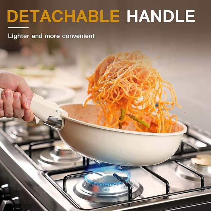 Astercook 23 Pcs Pots and Pans Set Non Stick, Ceramic Cookware Set Detachable Handle, RV Kitchen Cooking Set Removable Handles, Oven Safe, Induction Ready, Stackable, Cream, Fathers Day Gift for Men - Image 2