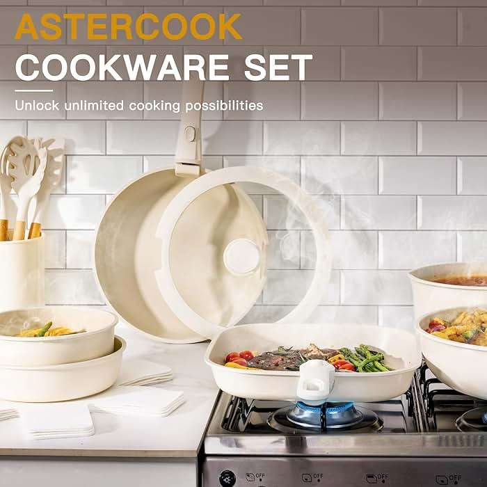 Astercook 23 Pcs Pots and Pans Set Non Stick, Ceramic Cookware Set Detachable Handle, RV Kitchen Cooking Set Removable Handles, Oven Safe, Induction Ready, Stackable, Cream, Fathers Day Gift for Men - Image 7