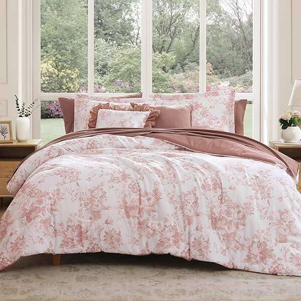 BLOOMHAVEN Queen Comforter Set -7 Pieces Pink Floral Comforter Set for All Seasons, Bed in a Bag Queen with Botanical Flowers Comforter, Sheets, Pillowcases & Shams - Image 1