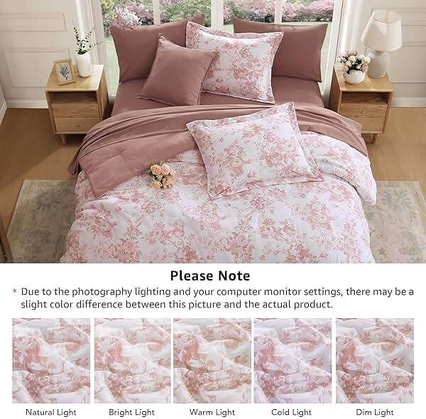 BLOOMHAVEN Queen Comforter Set -7 Pieces Pink Floral Comforter Set for All Seasons, Bed in a Bag Queen with Botanical Flowers Comforter, Sheets, Pillowcases & Shams - Image 4