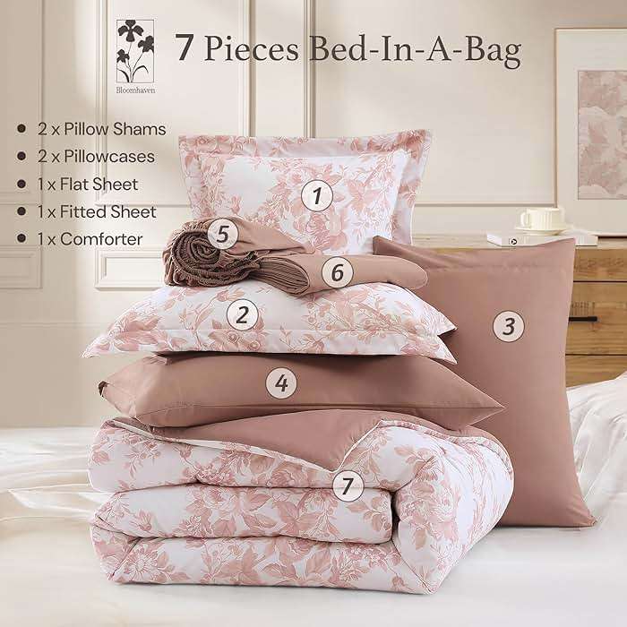 BLOOMHAVEN Queen Comforter Set -7 Pieces Pink Floral Comforter Set for All Seasons, Bed in a Bag Queen with Botanical Flowers Comforter, Sheets, Pillowcases & Shams - Image 7