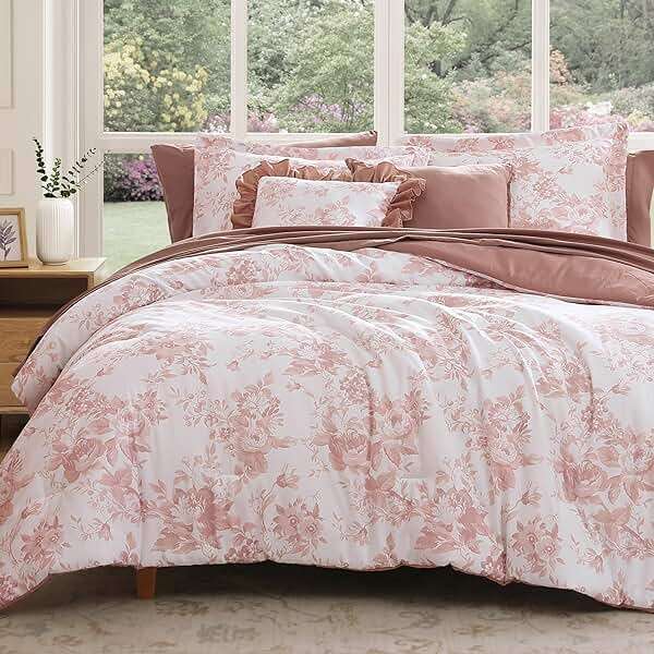 BLOOMHAVEN Queen Comforter Set -7 Pieces Pink Floral Comforter Set for All Seasons, Bed in a Bag Queen with Botanical Flowers Comforter, Sheets, Pillowcases & Shams - Image 8