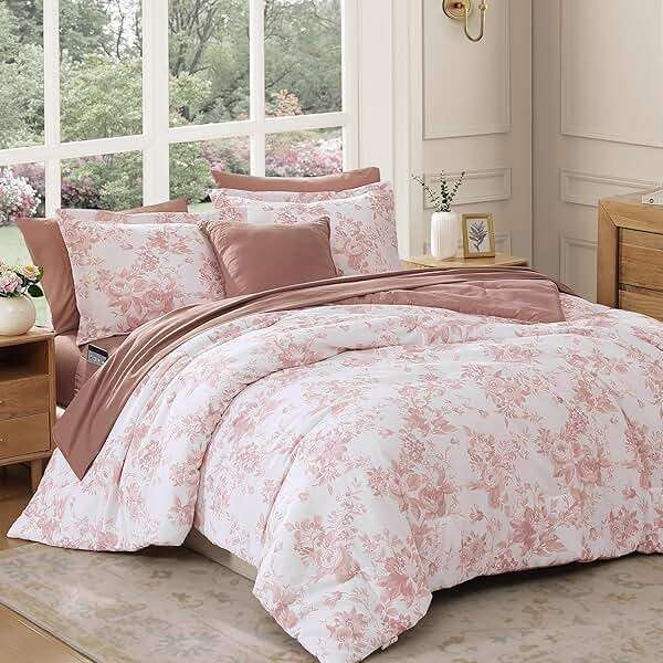BLOOMHAVEN Queen Comforter Set -7 Pieces Pink Floral Comforter Set for All Seasons, Bed in a Bag Queen with Botanical Flowers Comforter, Sheets, Pillowcases & Shams - Image 9